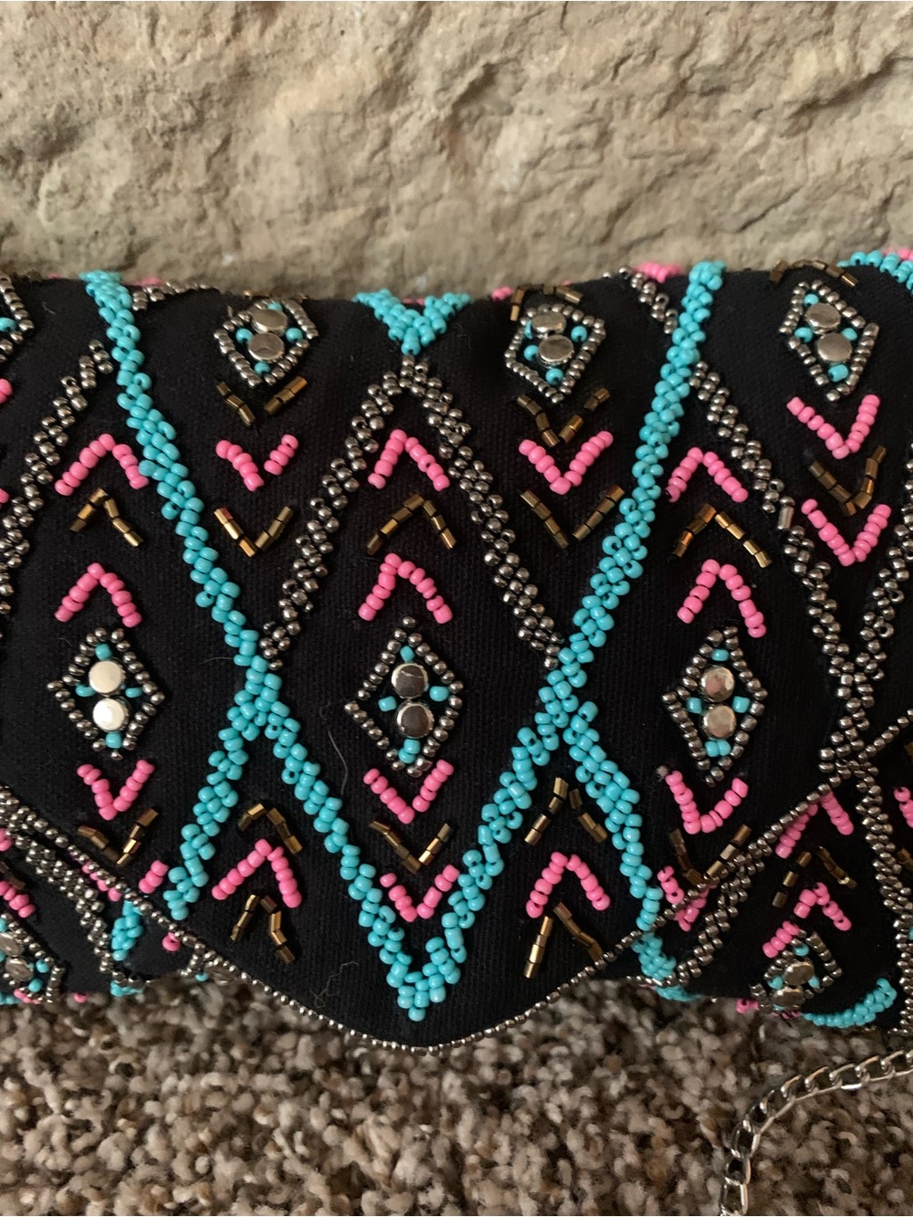 Beaded Black Clutch with Pink & Turquoise Accents Western Aztec Boho